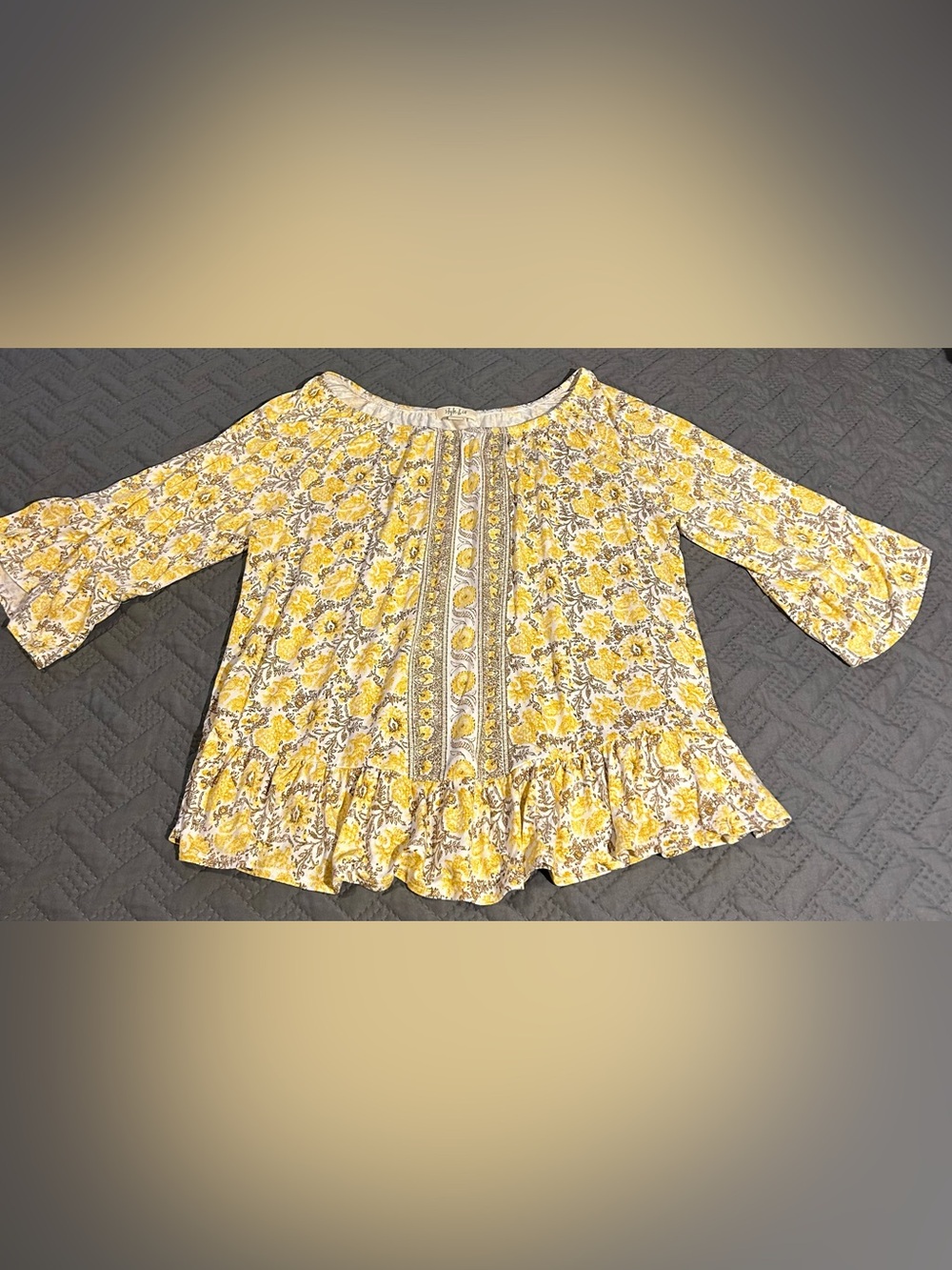 Style & Co Boho Yellow Floral Peasant Top with Ruffle Hem Size PL